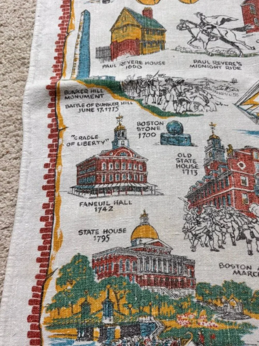 Vtg Stevens 100% Linen Souvenir Historic Boston Tea Towel Americana